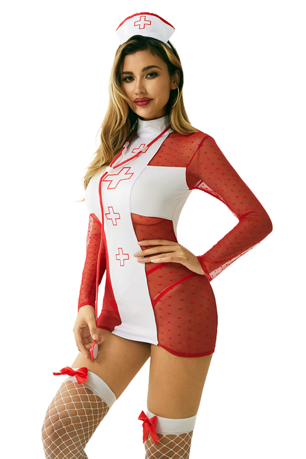 Halloween Nurse Costume with Red Mesh Details  Includes Hat and Stockings